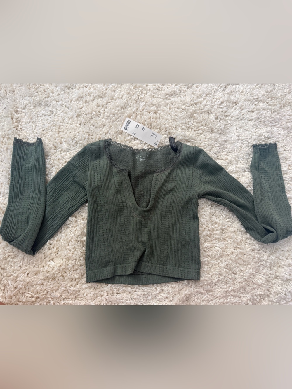 Ribbed Scoop Neck Long Sleeve Crop Top - Sage Green